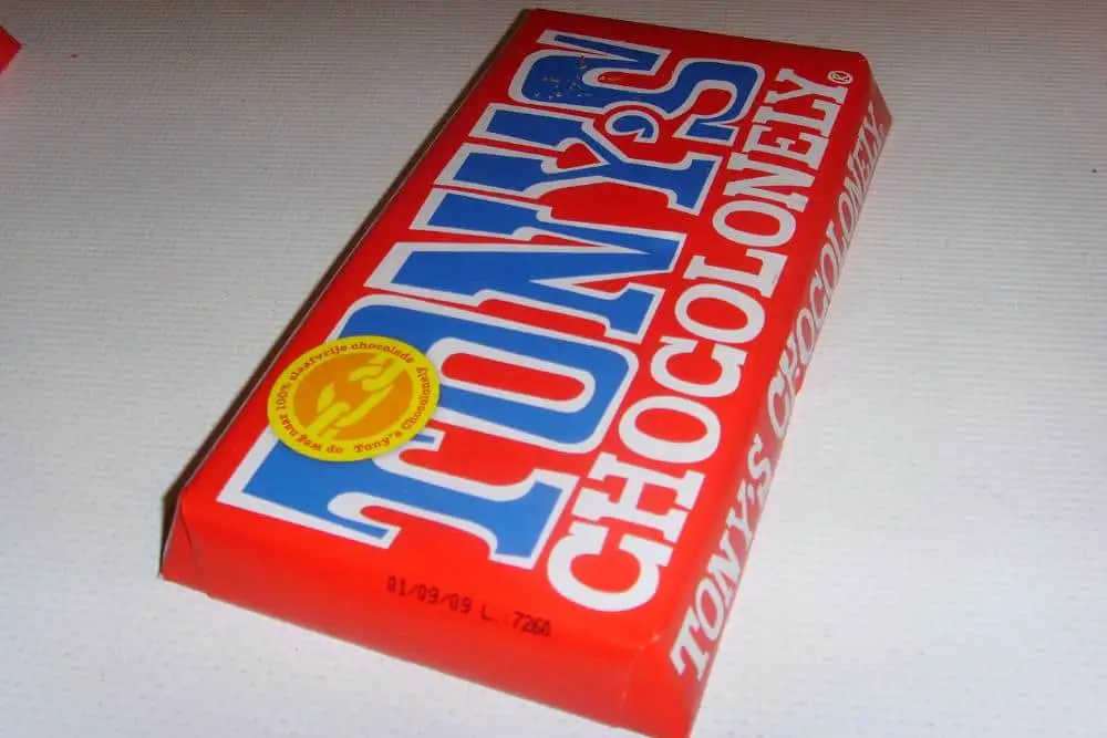 Tony’s Chocolonely in its classic red packaging