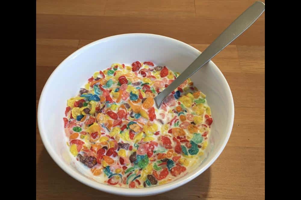  Fruity Pebbles Cereal for breakfast
