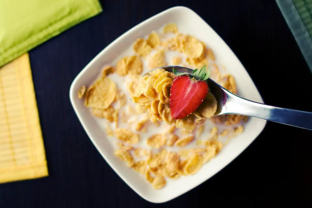 Corn flakes and milk in a bowl